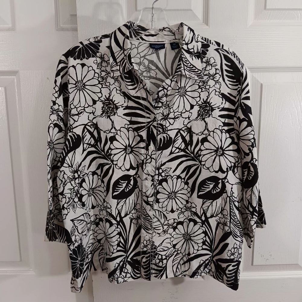 Westbound Women's 16P Petite Linen Blouse Top Shirt Floral Nature Cottagecore